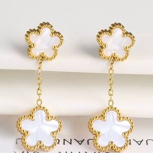 Alhambra White Luck Four Clover Gold Flower Stainless Steel Drop Earrings
